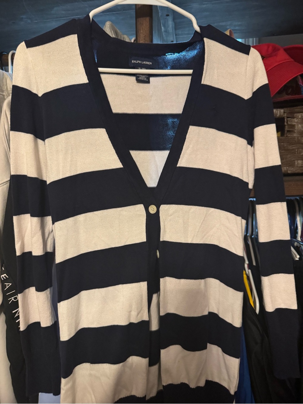 Ralph Lauren Navy and Cream Striped V-Neck Cardigan